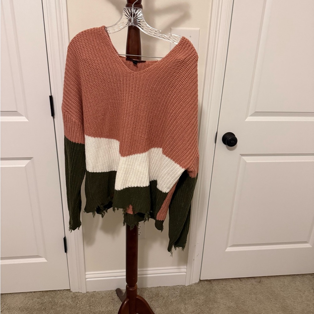 Derek Heart V-Neck Sweater - Pink, White, and Green with hood